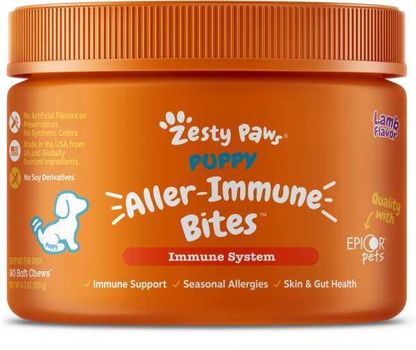 Zesty Paws Puppy Aller-Immune Bites Lamb Flavor Soft Chew Supplement for Dogs， 90 count