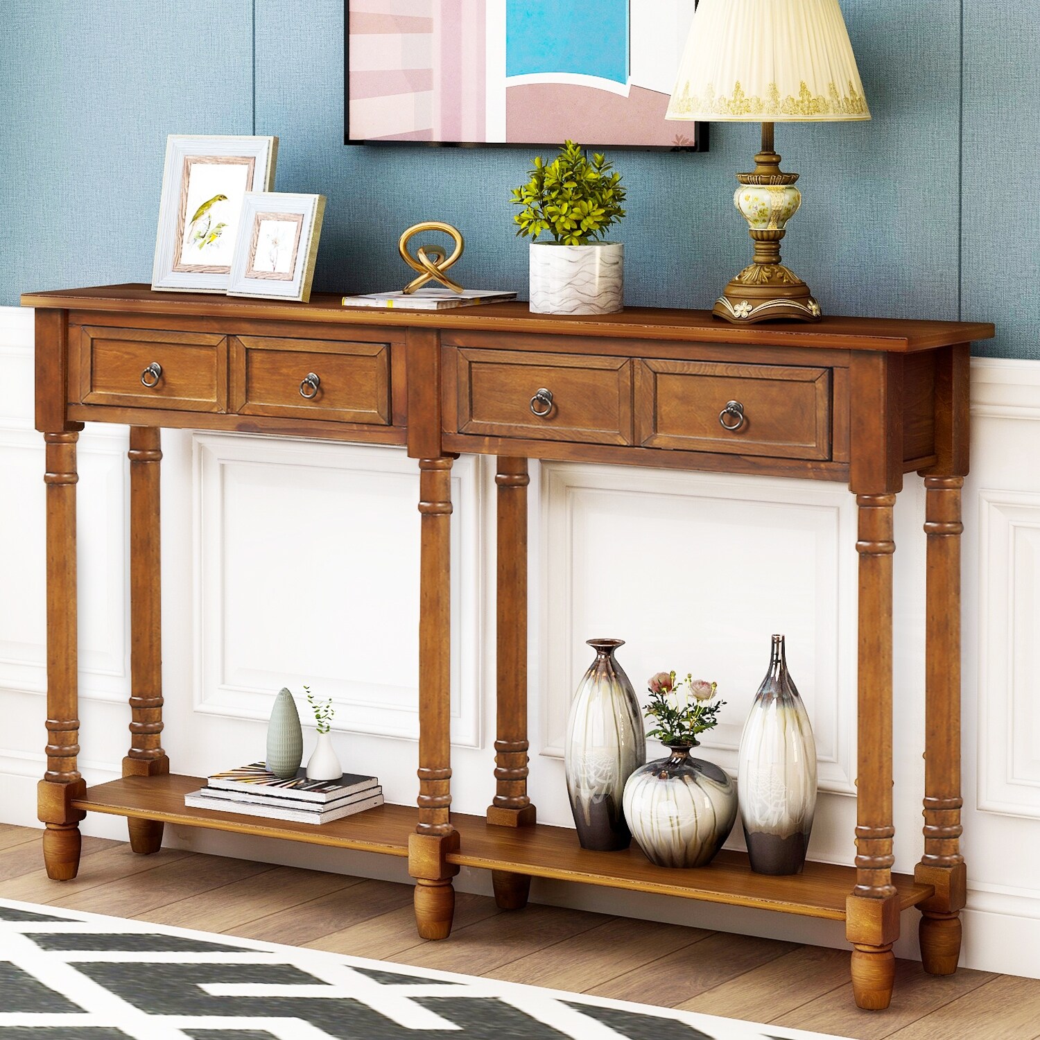 Rectangular Console Table Sofa Table with Drawers and Long Shelf， Walnut