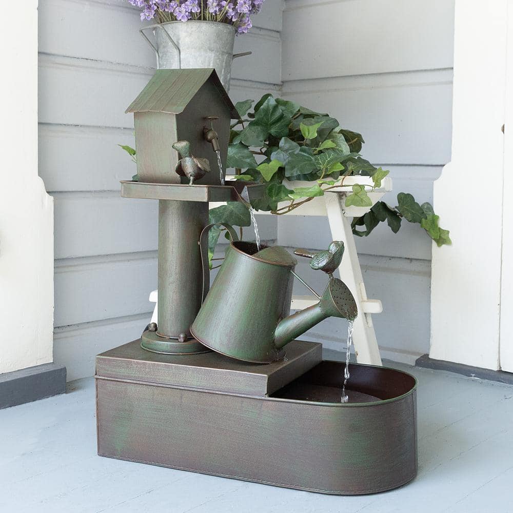 Alpine Corporation 24 in. Tall Indoor/Outdoor Birdhouse and Watering Can Floor Water Fountain MAZ260