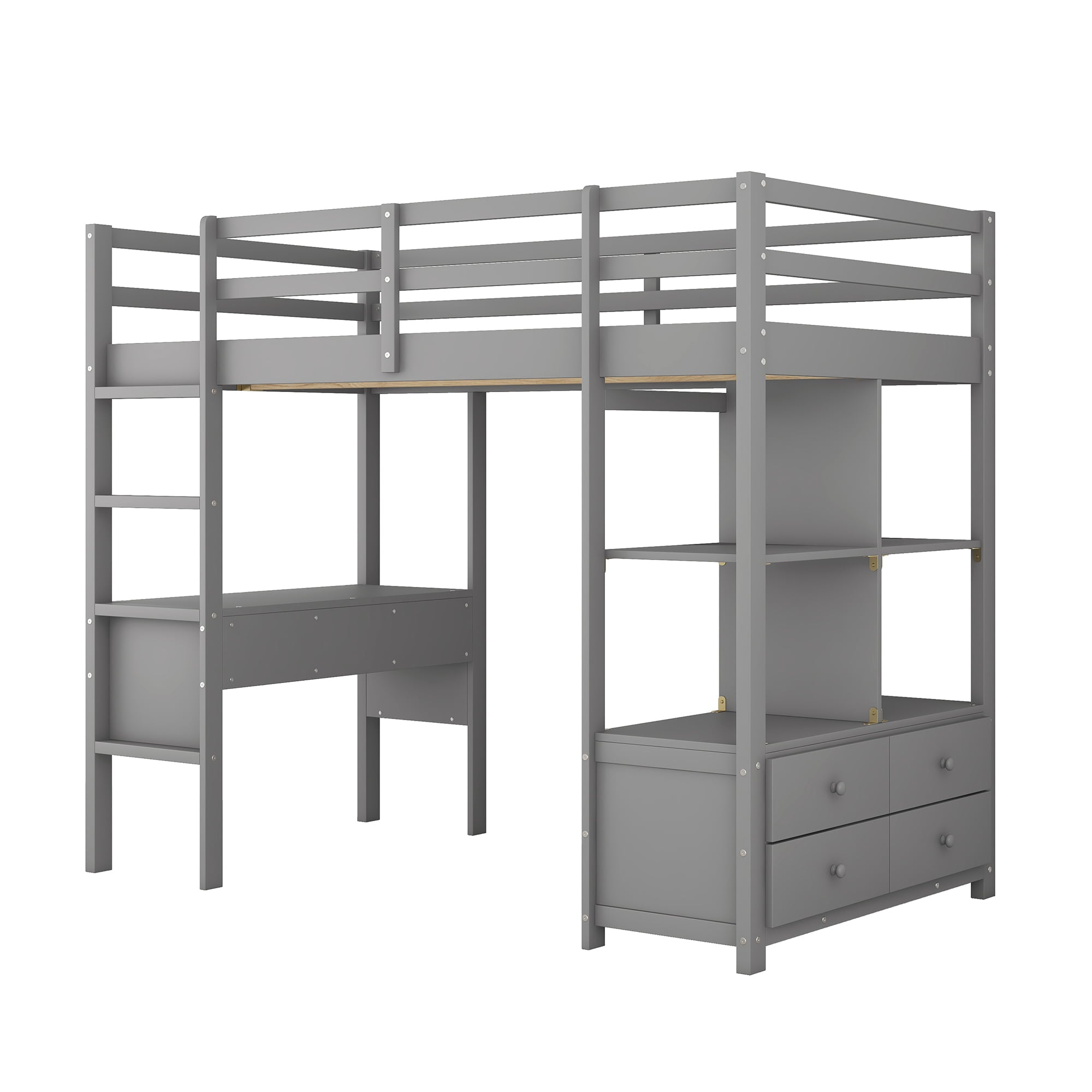 Twin Size Wood Loft Bed with Desk, Drawers and Shelf for Kids Room, Gray