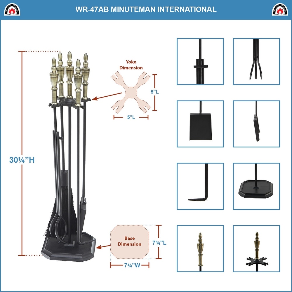 Minuteman International Westford Fireplace Set of 4 Tools  30.5 Inch Tall  Antique Brass and Black