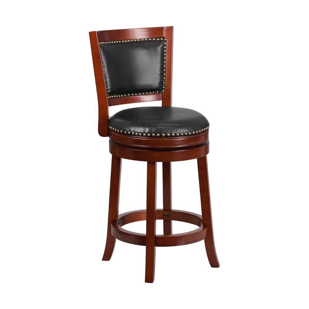 Offex 26'' High Dark Cherry Wood Counter Height Stool with Open Panel Back and Walnut LeatherSoft Swivel Seat - N/A