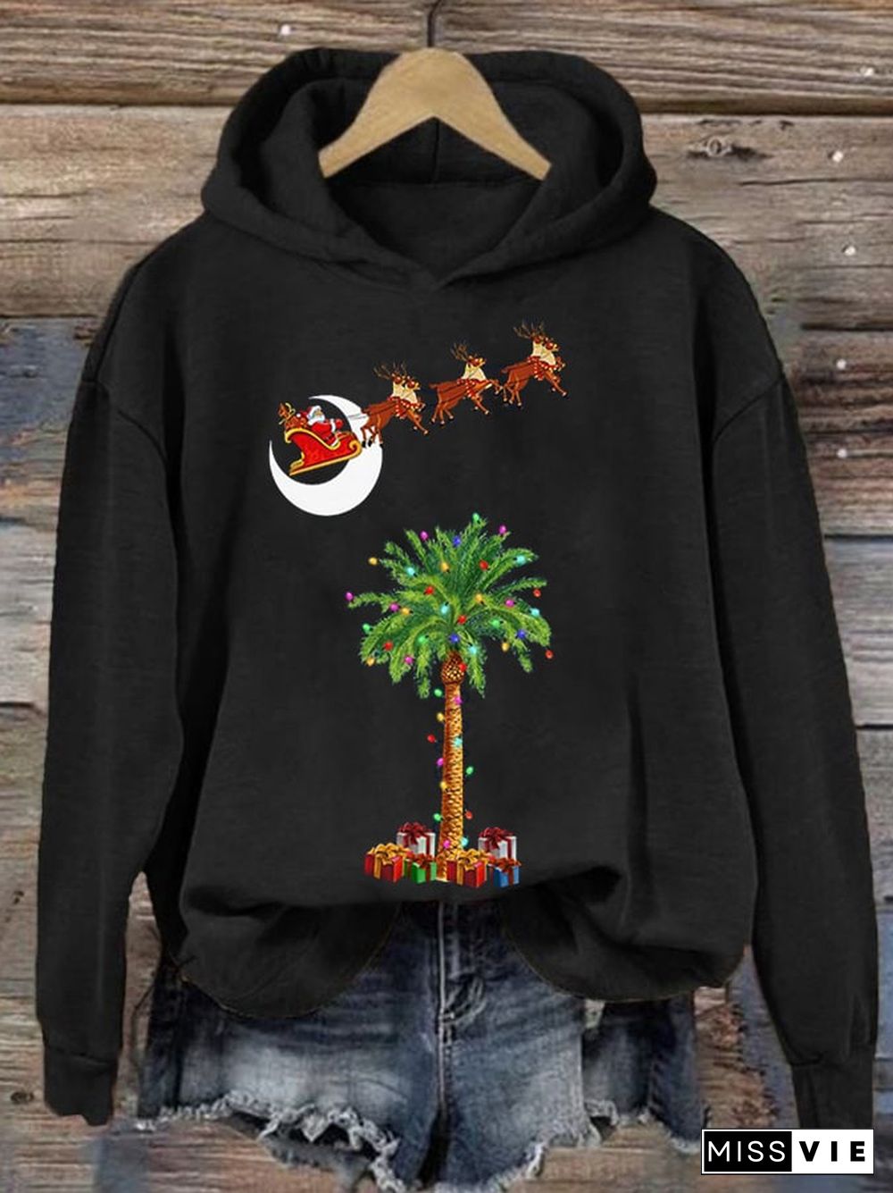 Women's Christmas Palm Tree Print Casual Hoodie