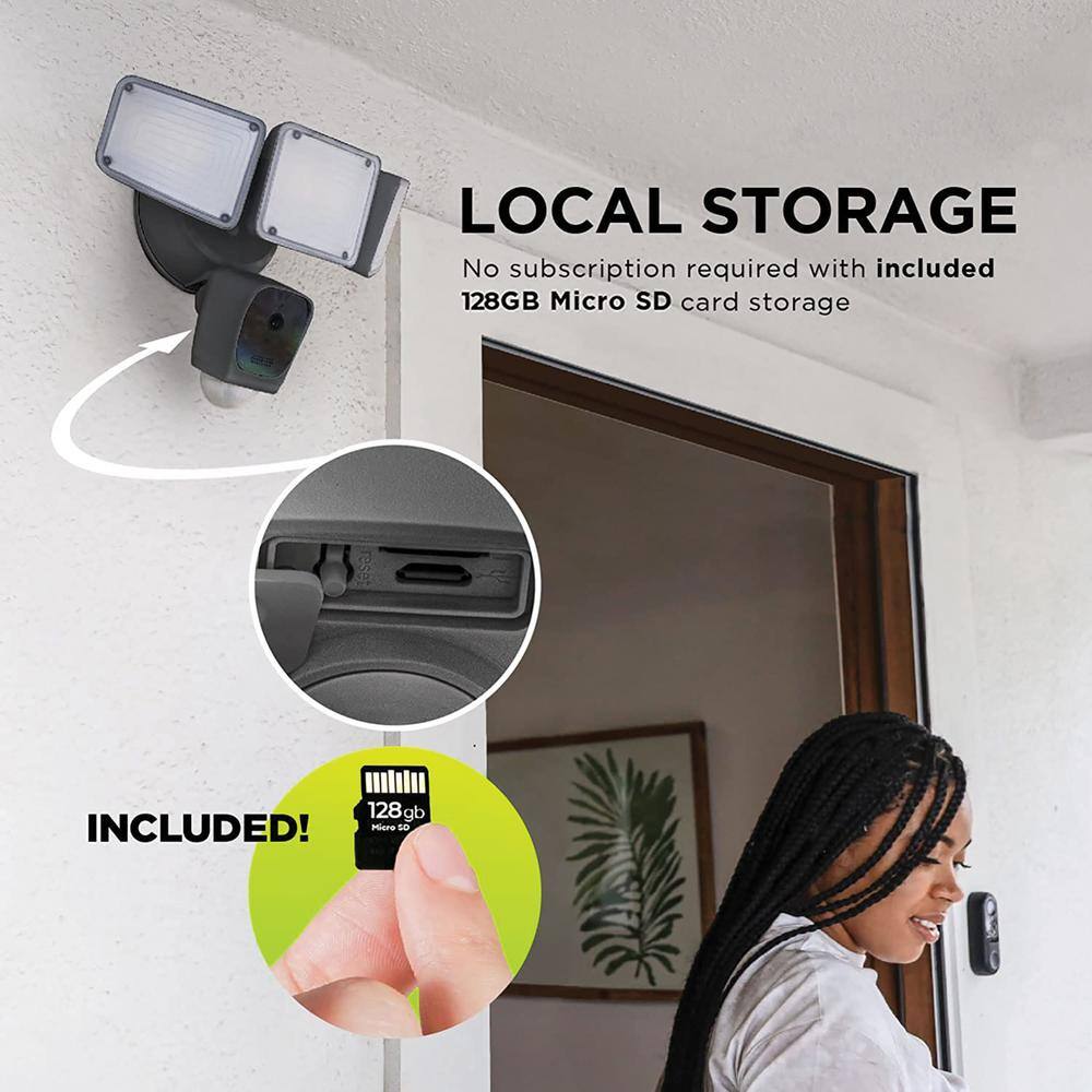 Home Zone Security Wired Full HD Outdoor Black Home Security Camera with Triple-Head Smart Flood Light ES06582G