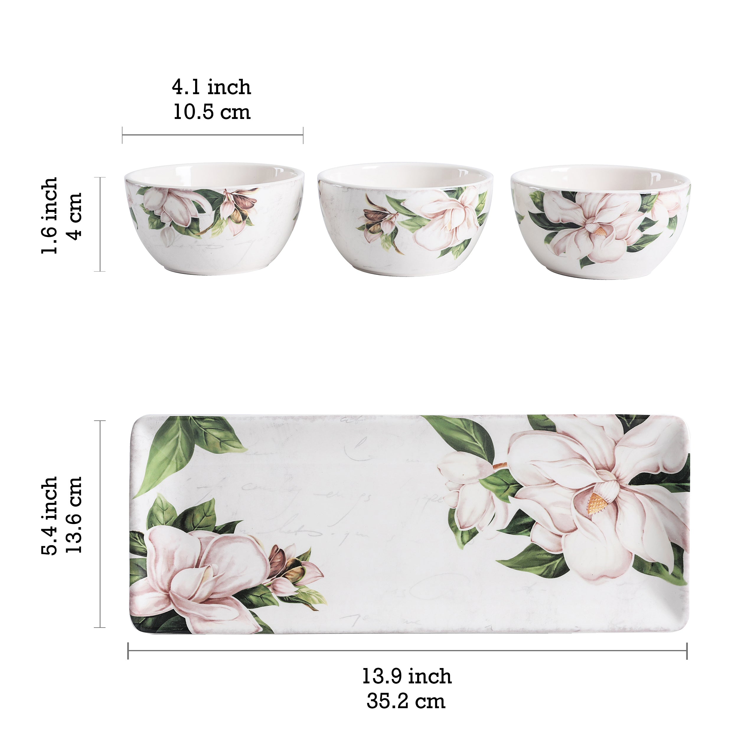 Bico Magnolia Floral Ceramic Dipping Bowl Set (9oz bowls with 14 inch platter)， for Sauce， Nachos， Snacks， Microwave and Dishwasher Safe