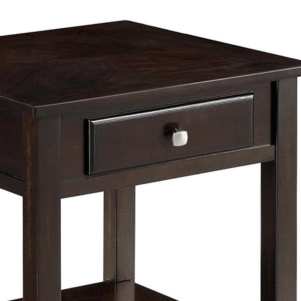 Wooden End Table With Drawer and Bottom Shelf， Walnut Brown