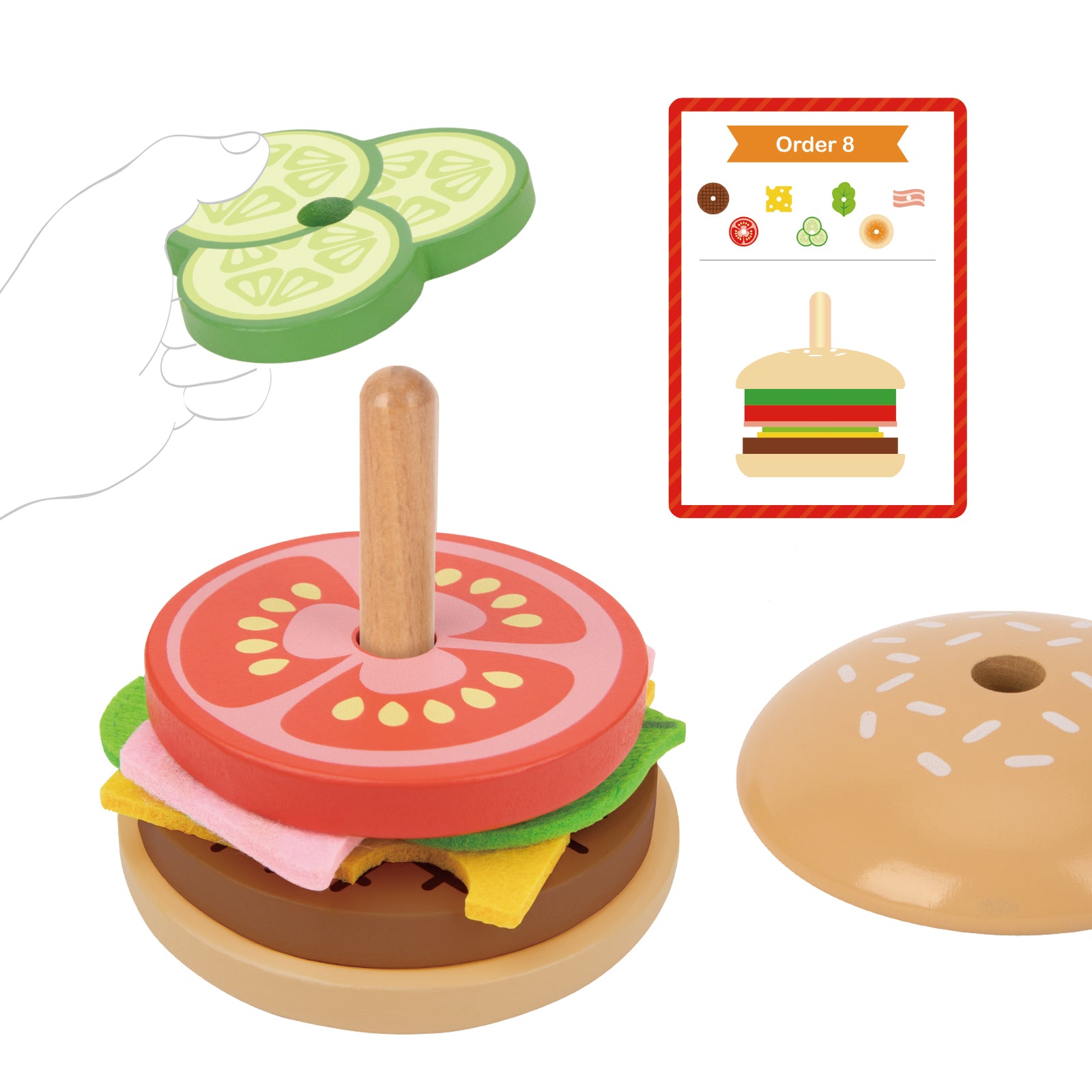 TOOKYLAND Montessori Hamburger Stacking Toys, Wooden Burger Toy Play Food Toys for Kids, Fine Motor Toys for 3 4 5 Year Old, Fake Food Hamburger Toys with Order Cards