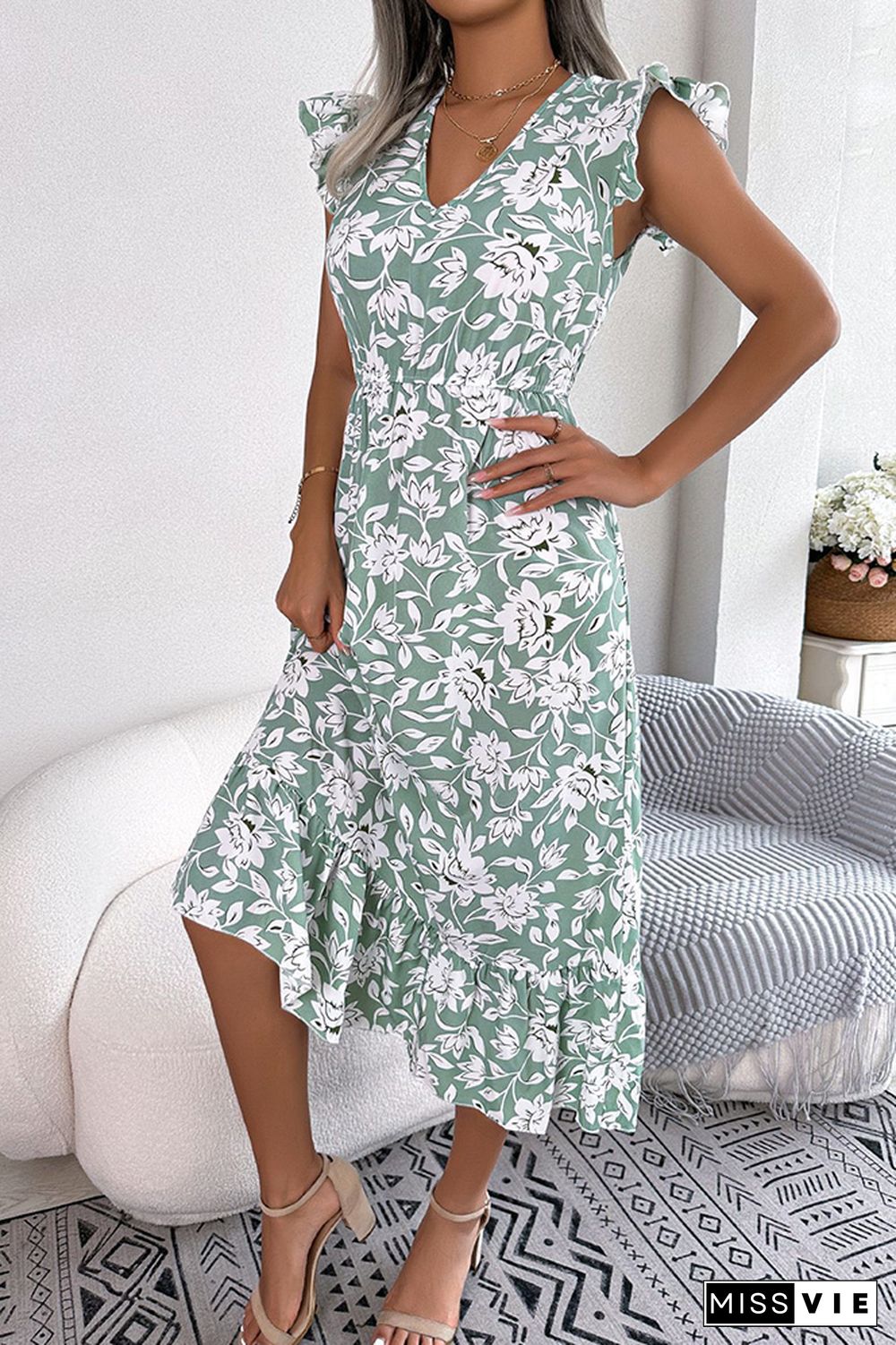 V Neck Flutter Sleeves Maxi Floral Dress