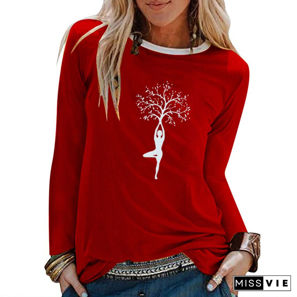 Lady Tree Print Long Sleeve T-shirts Women Autumn Winter ShirtsFor Women Cotton Graphic Tees Aesthetic White O Neck Tops Female