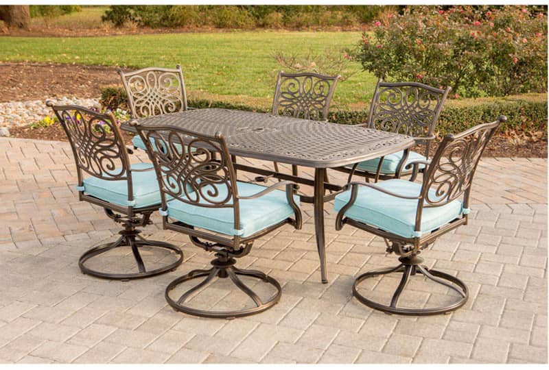 Hanover Traditions 7-Piece Outdoor Dining Set In Blue With 72 x 38 Cast-Top Table