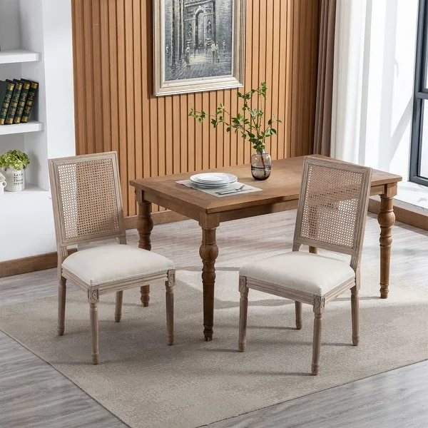 Cream French Style Wood Frame Linen Fabric Dining Chair (Set of 2)