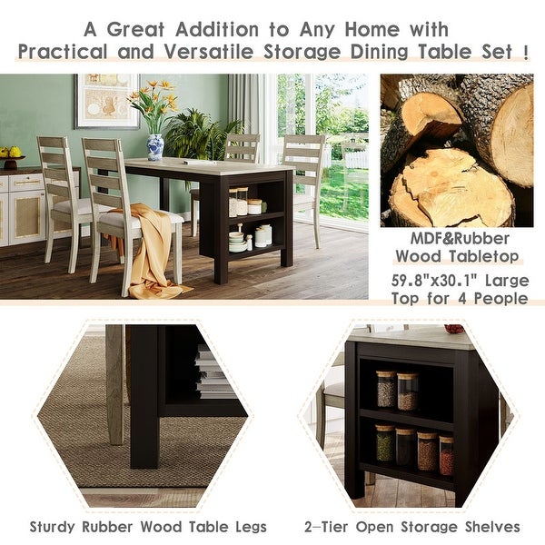 Farmhouse kitchen table set with 2 shelves and 4 upholstered dining chairs， 5 piece table set