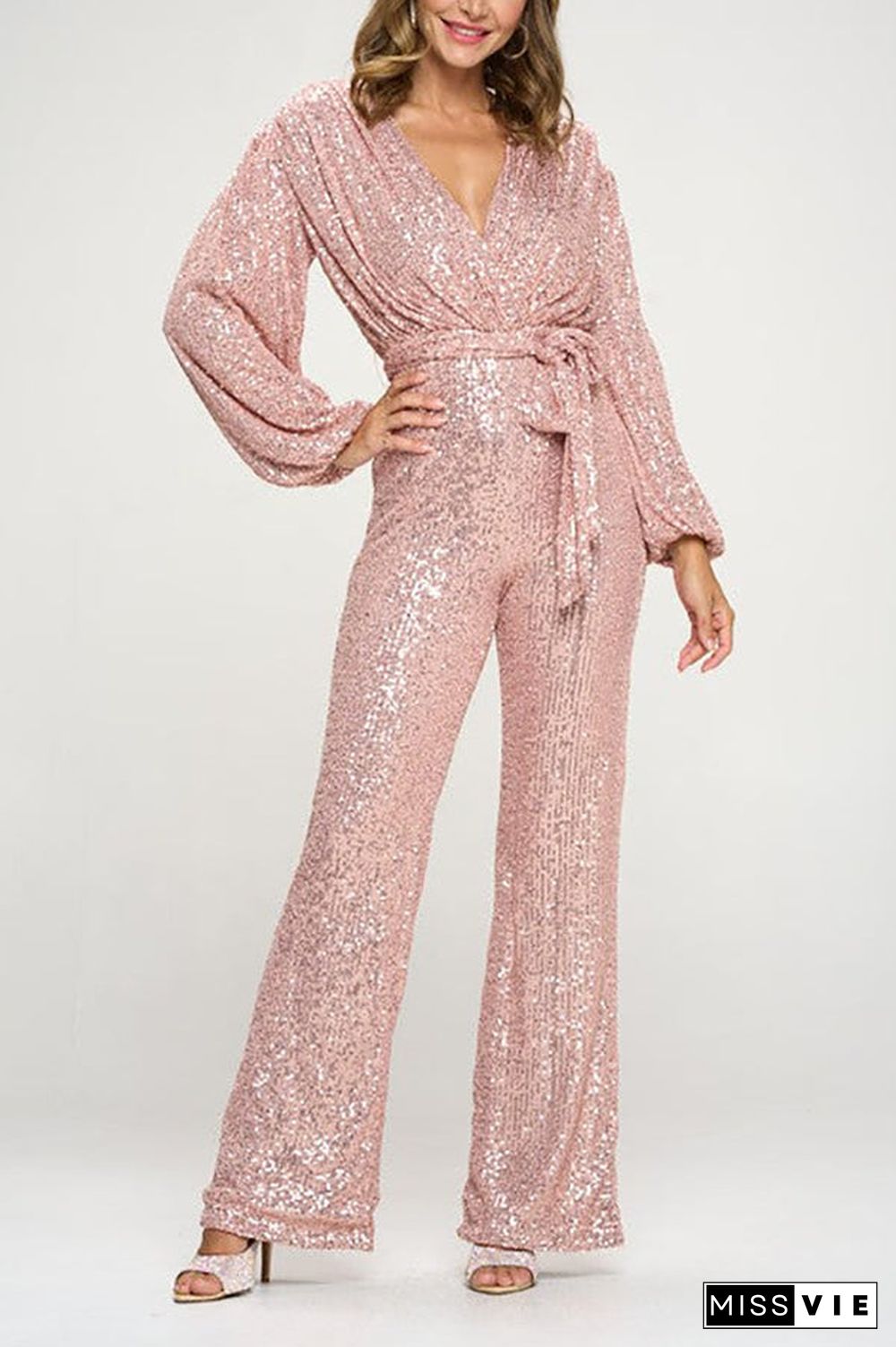 Sequin Draped Belted Puff Sleeve Wide Leg Jumpsuit