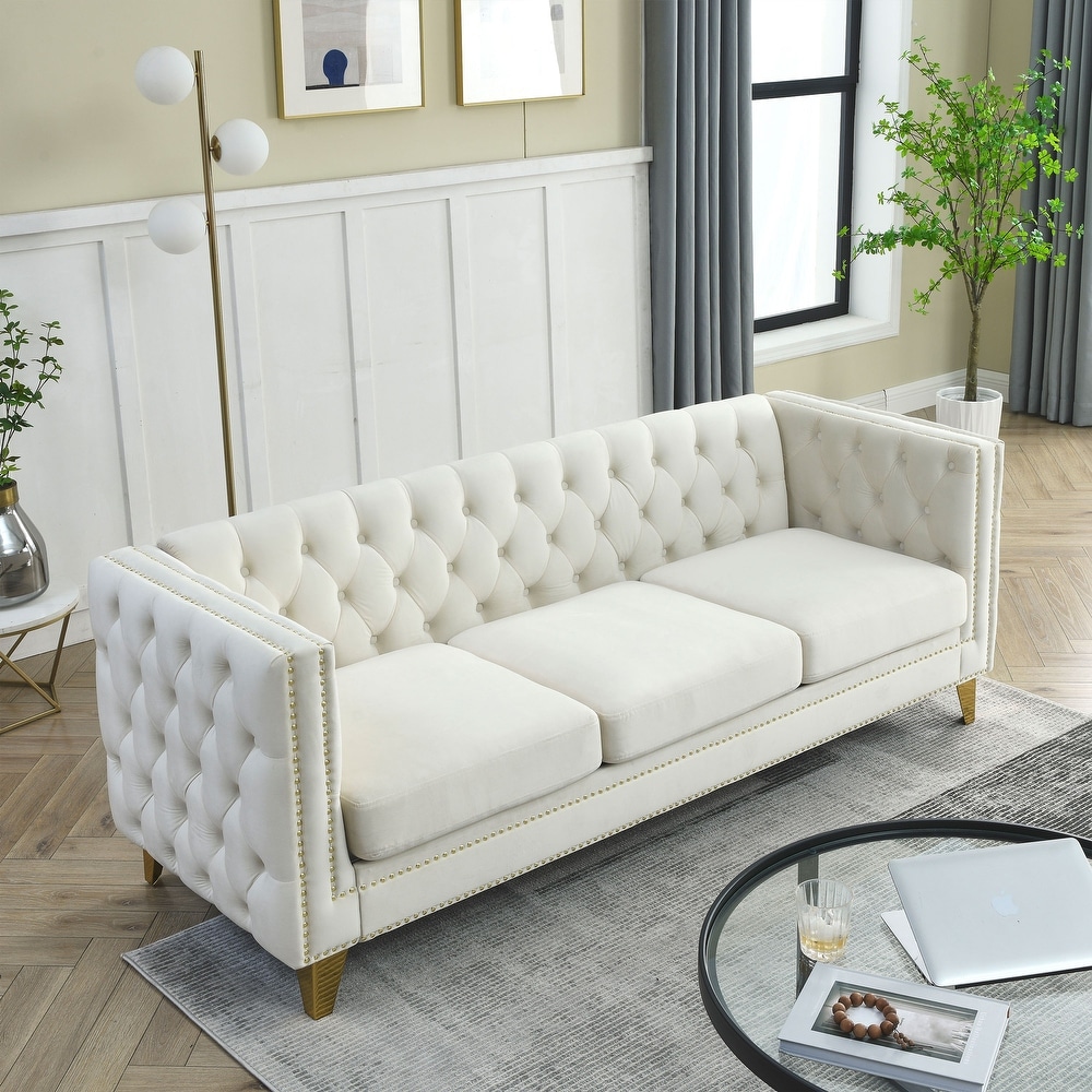 Velvet Sofa for Living Room Buttons Tufted Square Arm Couch