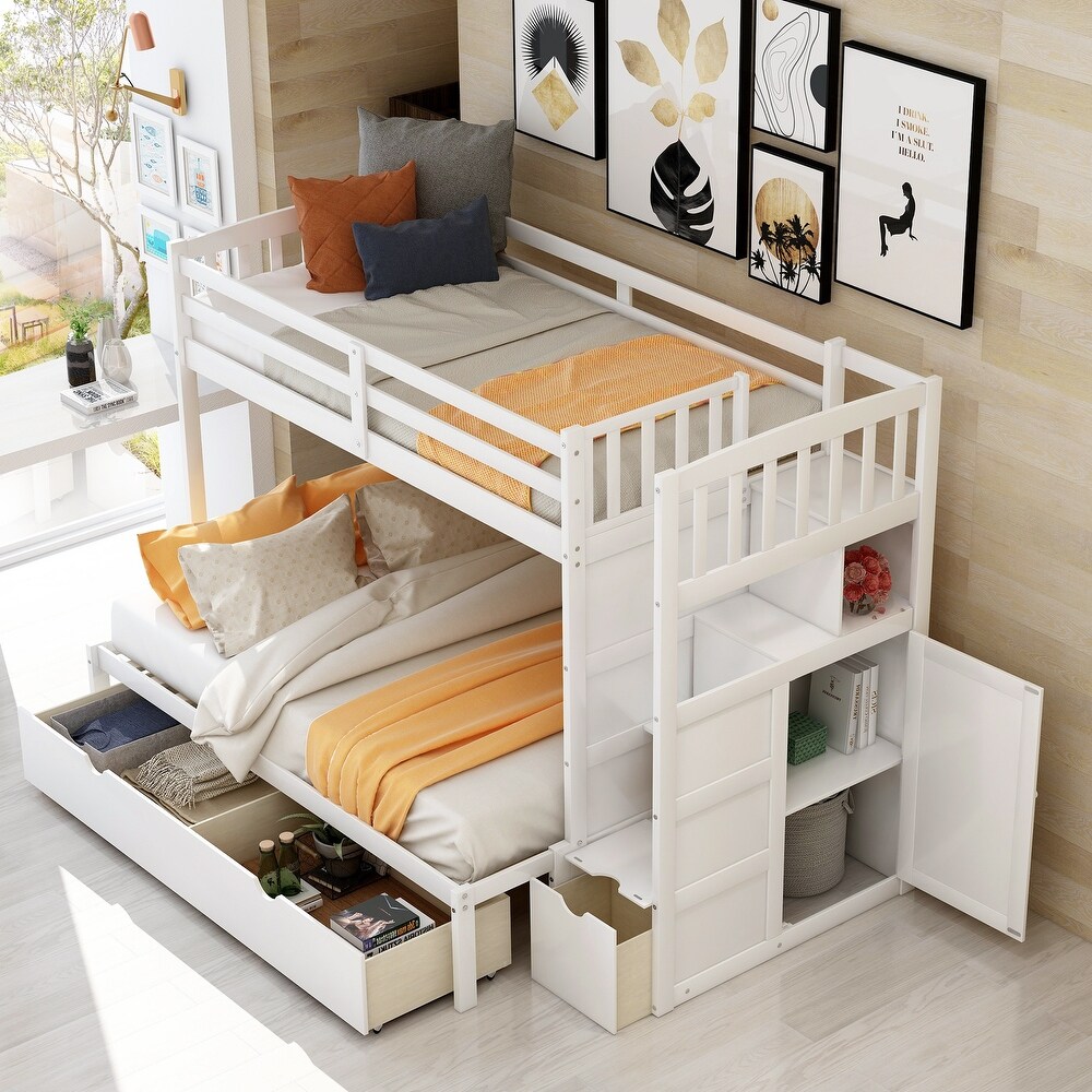 Contemporary Style Twin over Full/Twin Bunk Bed  Convertible Bottom Bed  Storage Shelves and Drawers