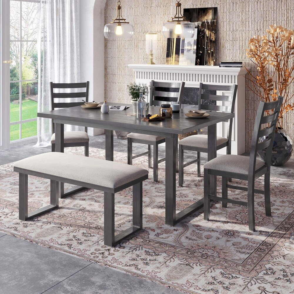 6 Piece Wood Dining Room Set Rrectangle Table and 4 Chairs with Bench Family Furniture