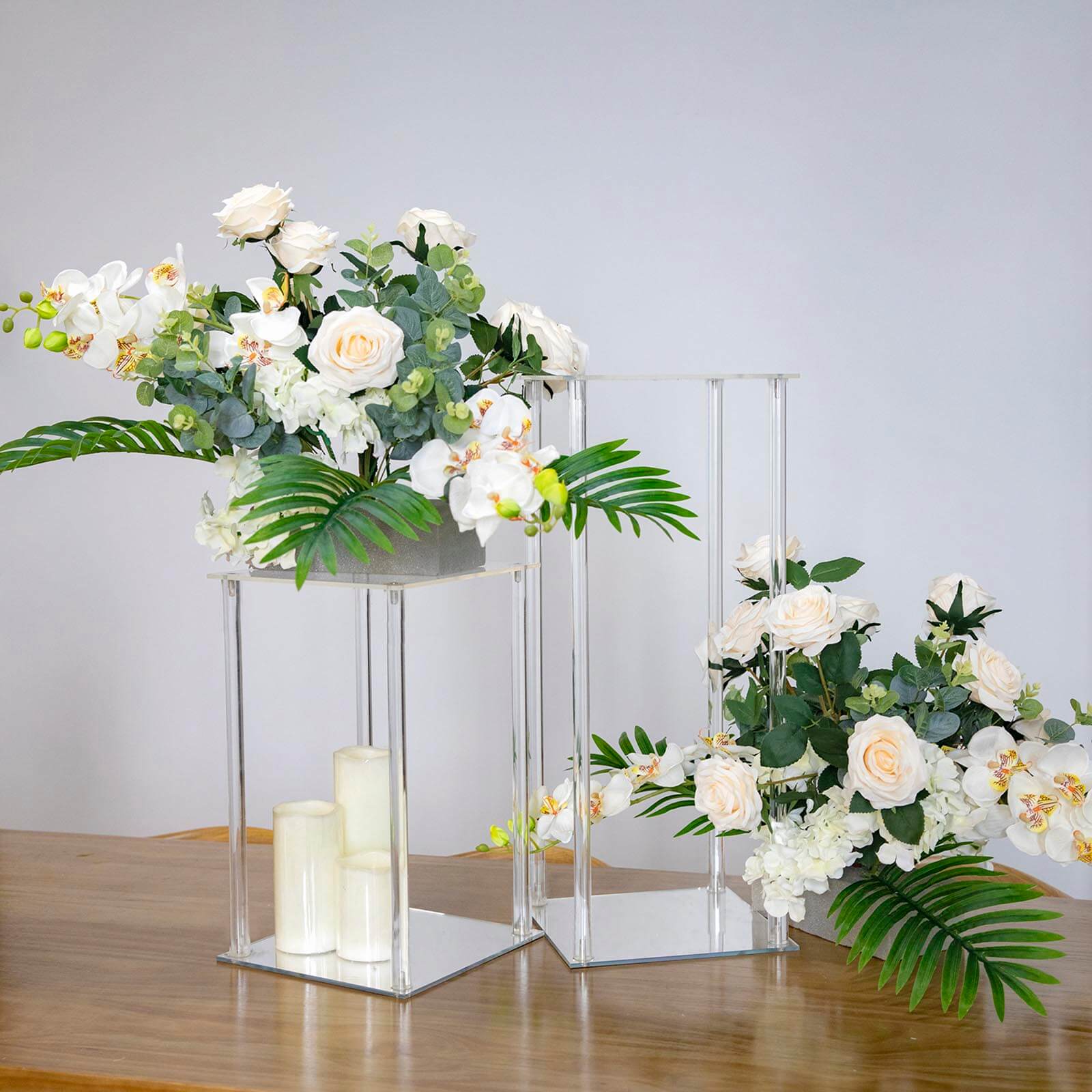 Clear Acrylic Flower Vase Pillar Column Stand With Square Mirror Base, Wedding Table Centerpiece 16