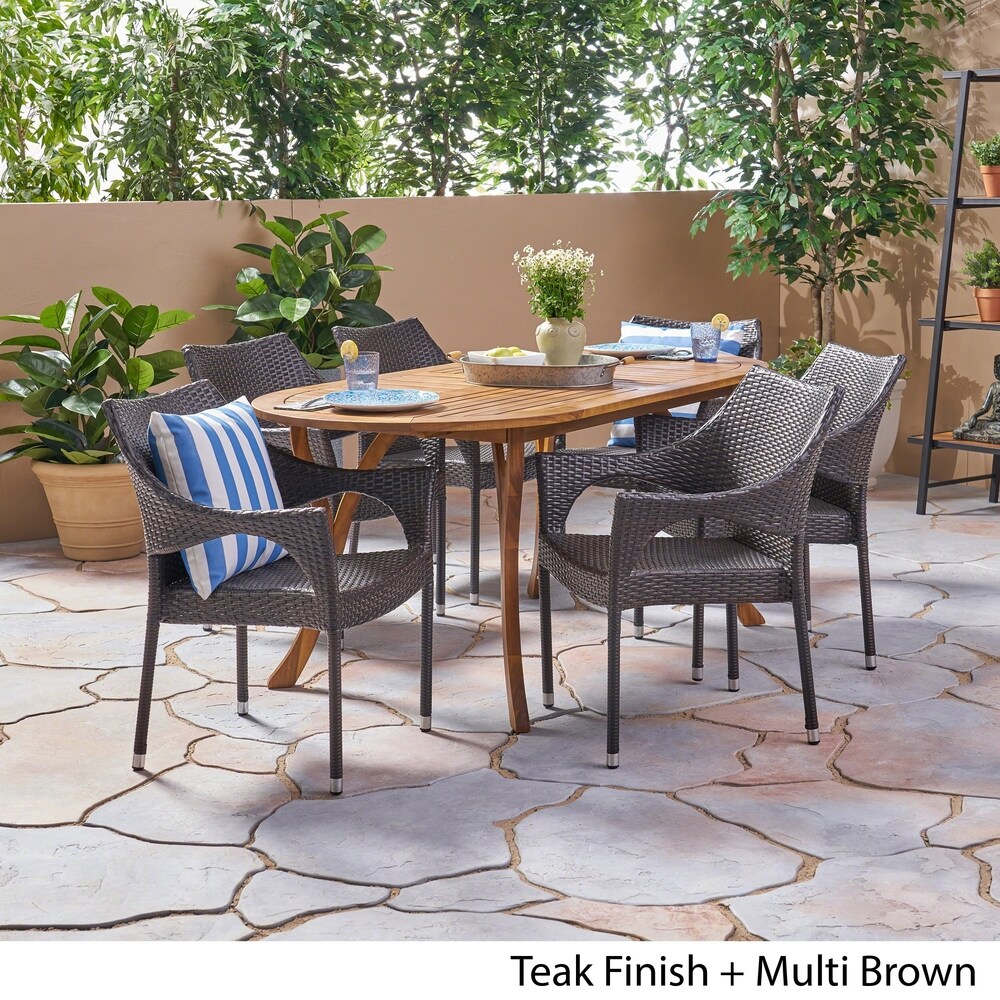 Silas Outdoor 7 Piece Acacia Wood and Wicker Dining Set by Christopher Knight Home