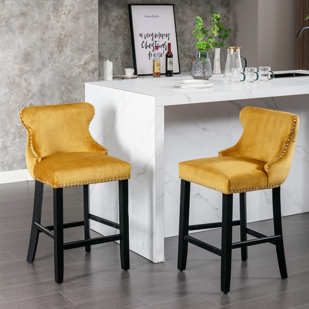 Contemporary Velvet Bar Upholstered Wing Back Barstools with Button Tufted Decoration and Wooden Legs  Set of 4