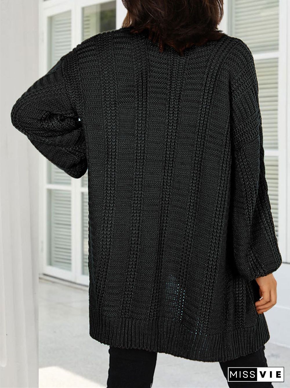 Solid Color V-neck Lantern Sleeve Cardigan Sweater