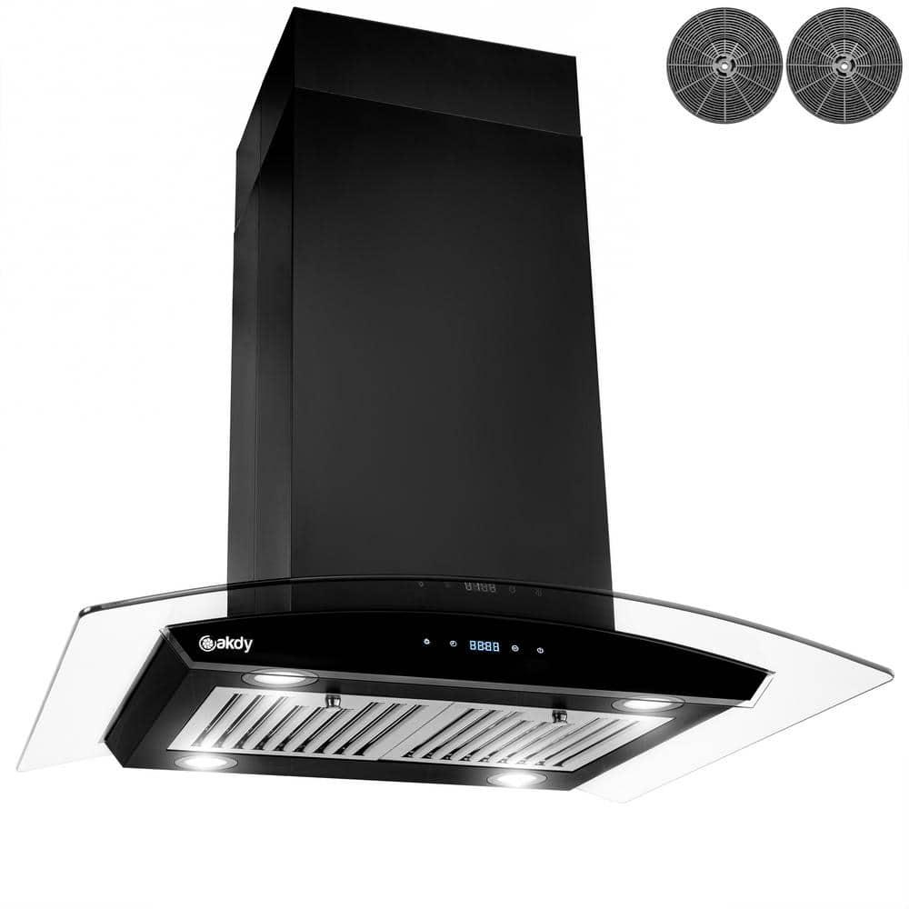 AKDY 36 in 343 CFM Convertible island Mount Range Hood in Black Painted Stainless Steel with Glass and Carbon Filters