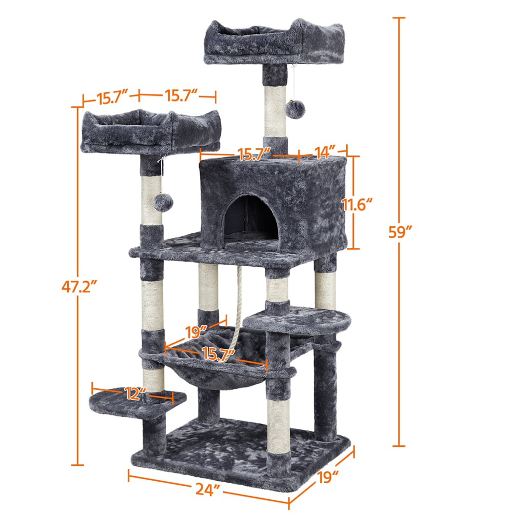 YaheeTech 59-in Cat Tree and Condo Scratching Post Tower， Dark Gray