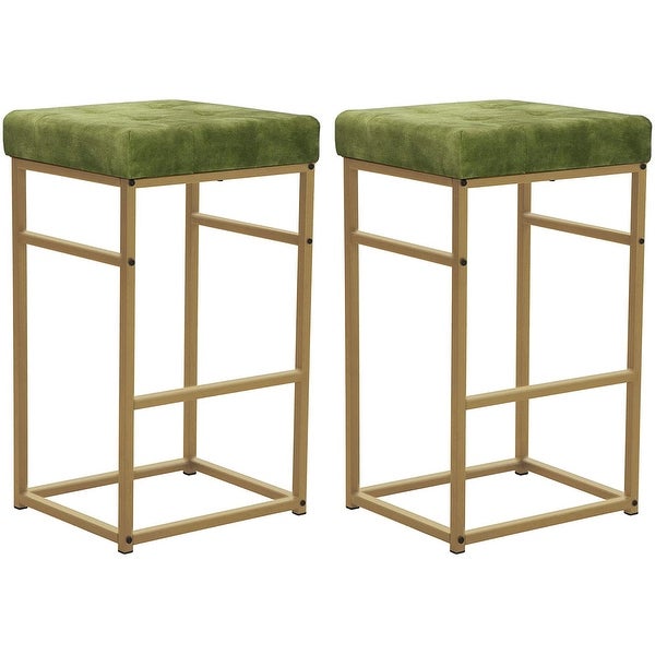 30 Inch Backless Metal Barstool with Beige/Green Velvet Seat-Set of 2