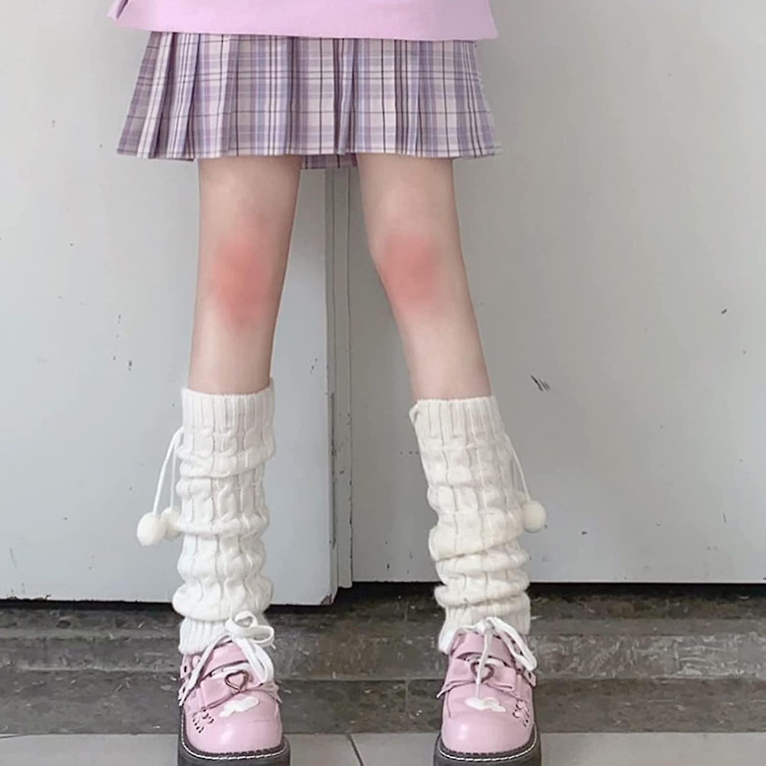 Women Girls Japanese Kawaii Knitted Long Crochet Wool Ball Leg Warmers Knee High