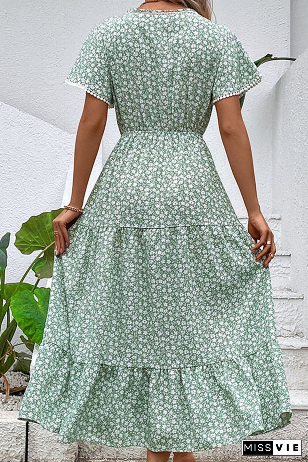 Green Flower Print Pom Pom Long Dress