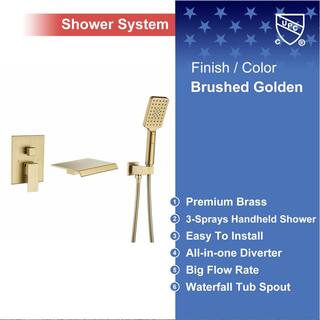 RAINLEX Single-Handle Wall Mount Roman Tub Faucet with Waterfall Tub Spout and Rough-In Valve in Brushed Gold W97207LSJ