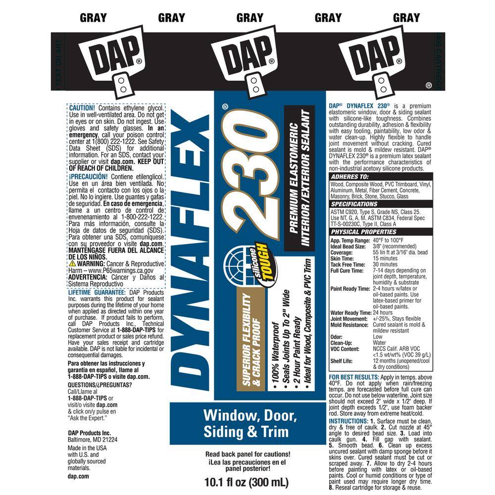 DAP Dynaflex 230 10.1 oz. Gray Premium Latex ExteriorInterior Window Door and Trim Sealant (12-Pack) 7079818286