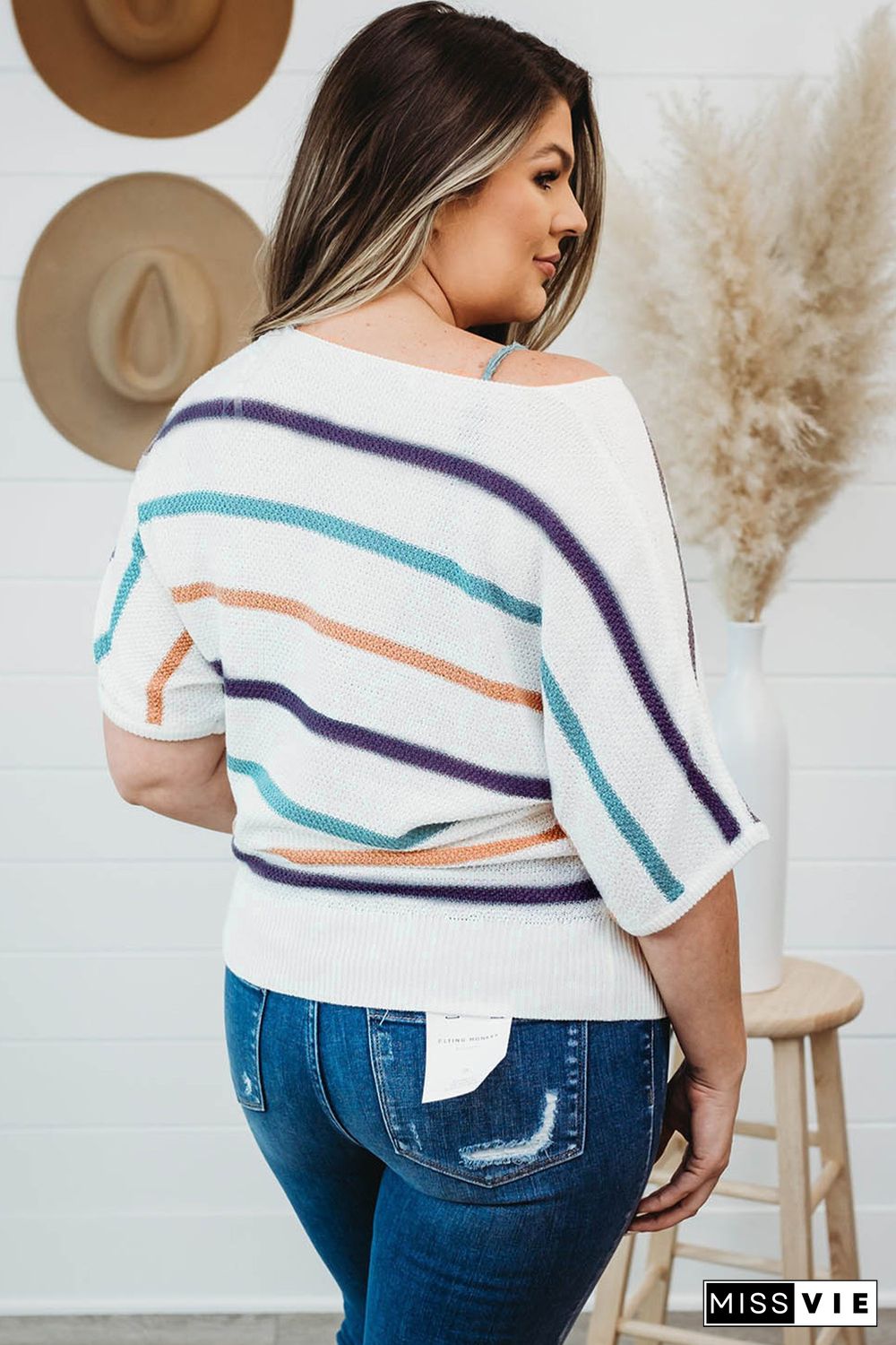 Plus Size Multicolor Striped Knit Short Sleeve Top