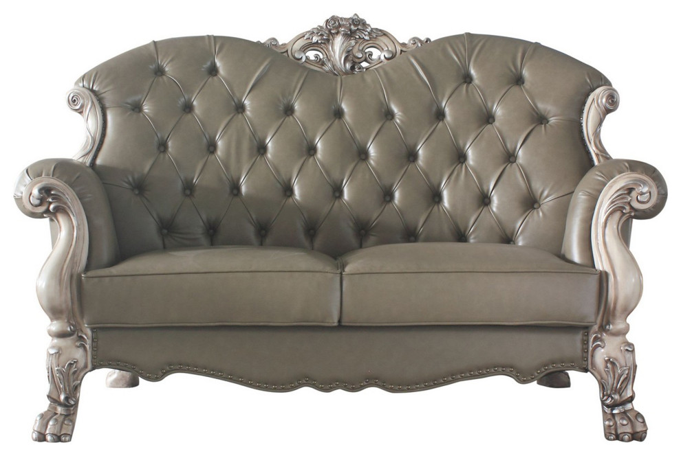 Traditional Leatherette Loveseat With Button Tufted And Carved Details  Gray   Victorian   Loveseats   by VirVentures  Houzz