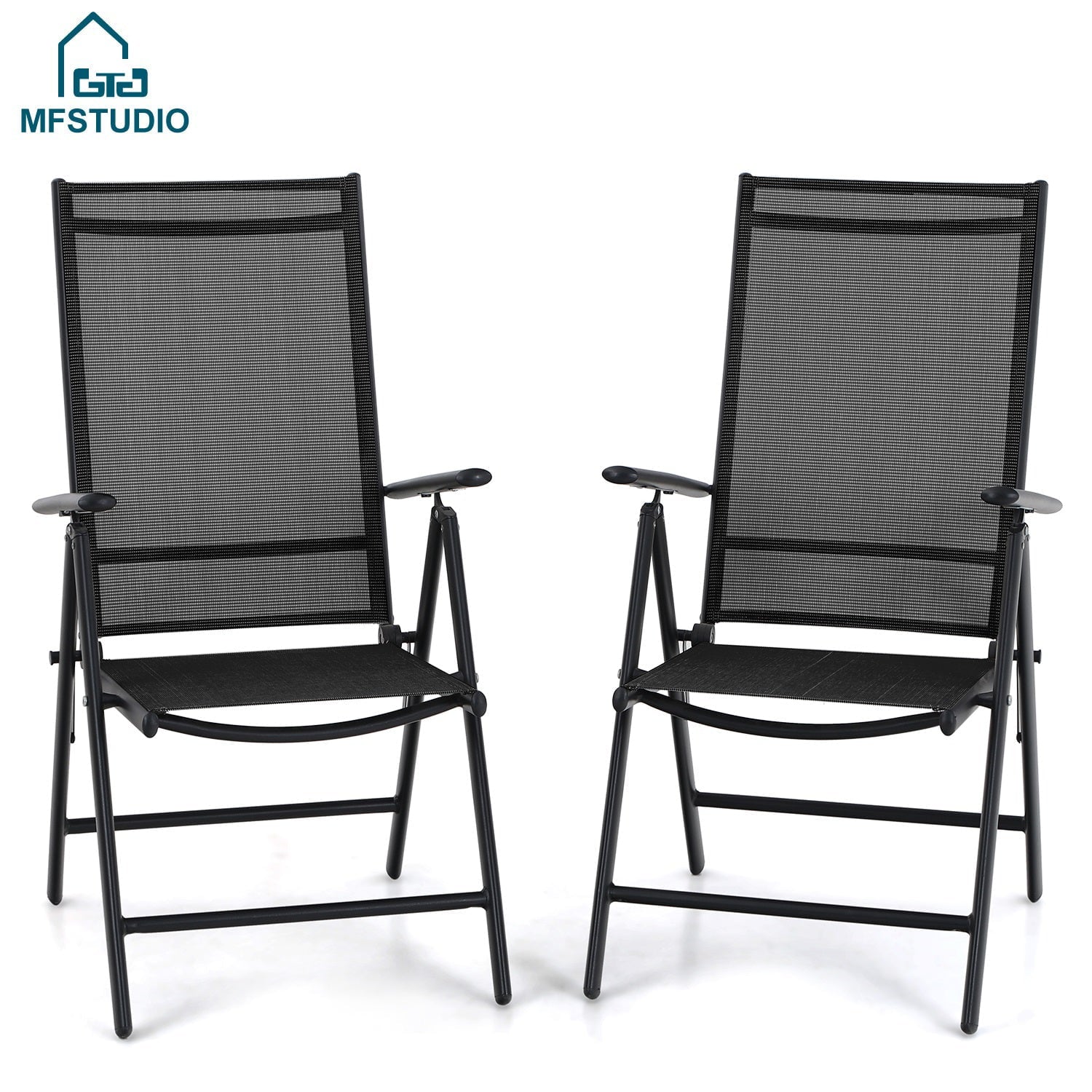 MF Studio Set of 2 Outdoor Patio Dining Chairs Aluminum Folding Recliner with 7 Backrest Angles&Textilene Seat, Black