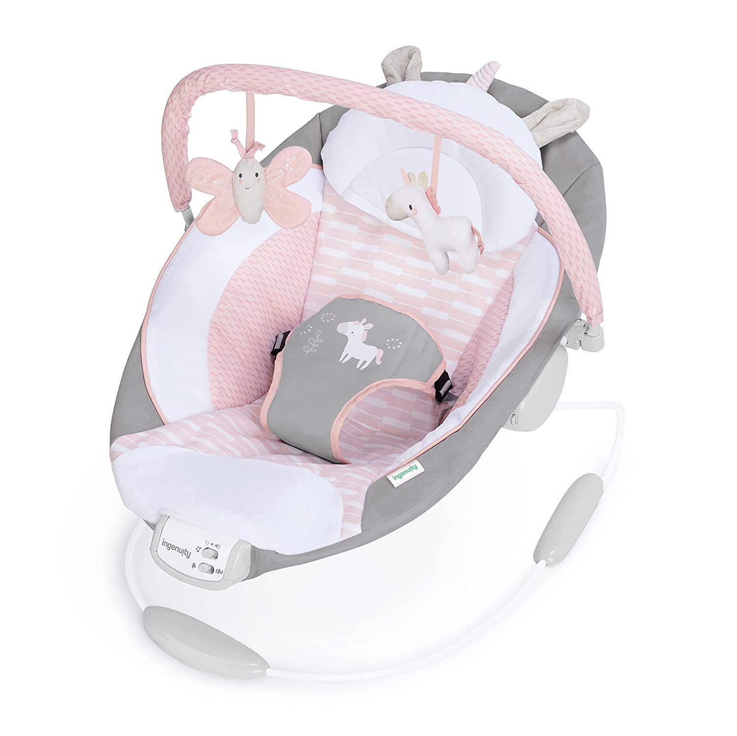 Ingenuity Soothing Baby Bouncer with Vibrating Infant Seat， Music， Removable -Toy Bar and 2 Plush Toys - Flora the Unicorn (Pink)， 0-6 Months