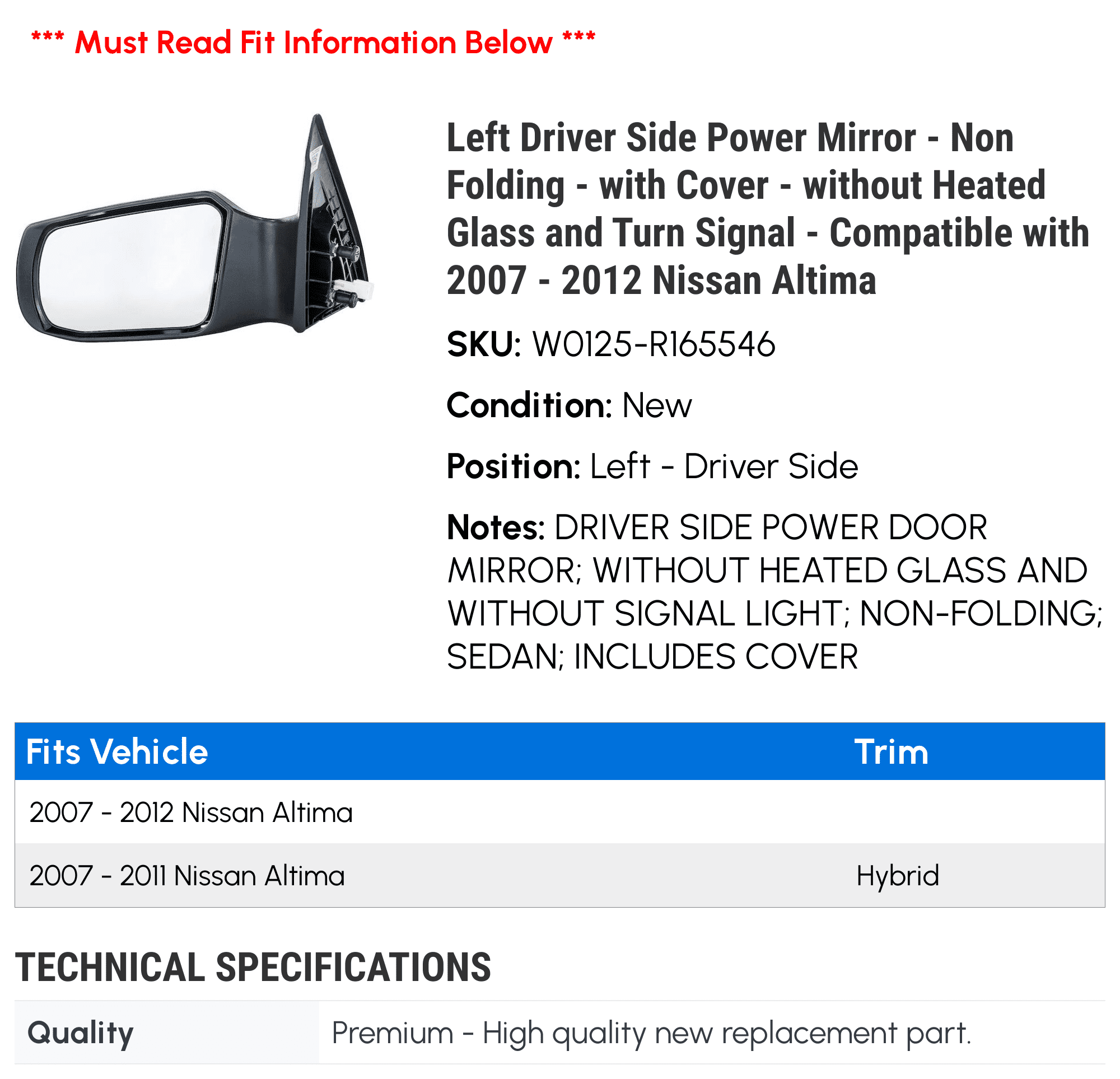 Left Driver Side Power Mirror - Non Folding - with Cover - without Heated Glass and Turn Signal - Compatible with 2007 - 2012 Nissan Altima 2008 2009 2010 2011