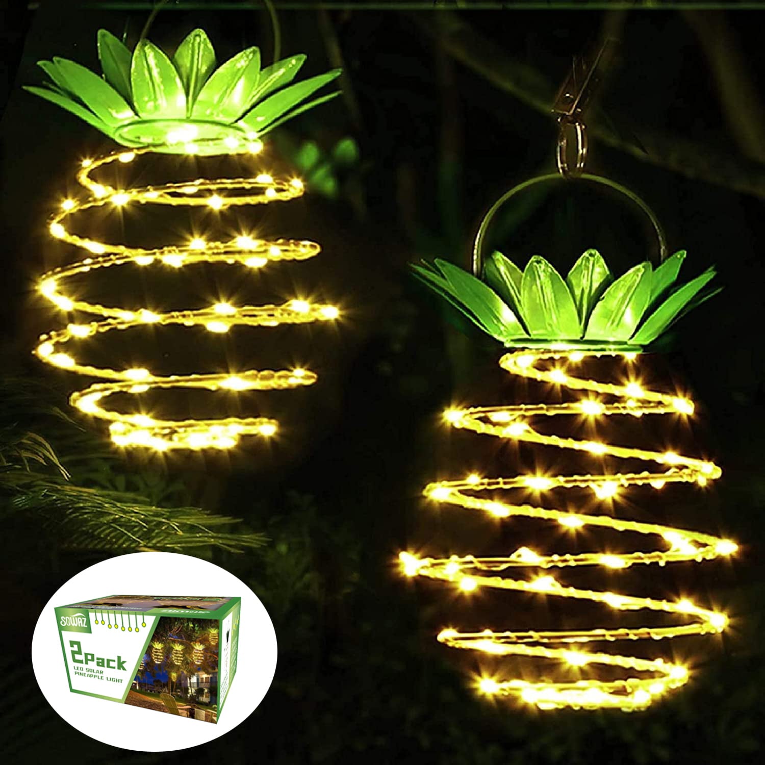 Sowaz 2 Pack Pineapple Solar Lights Outdoor Solar Lights Hanging Solar Lantern with Handle (Warm White)