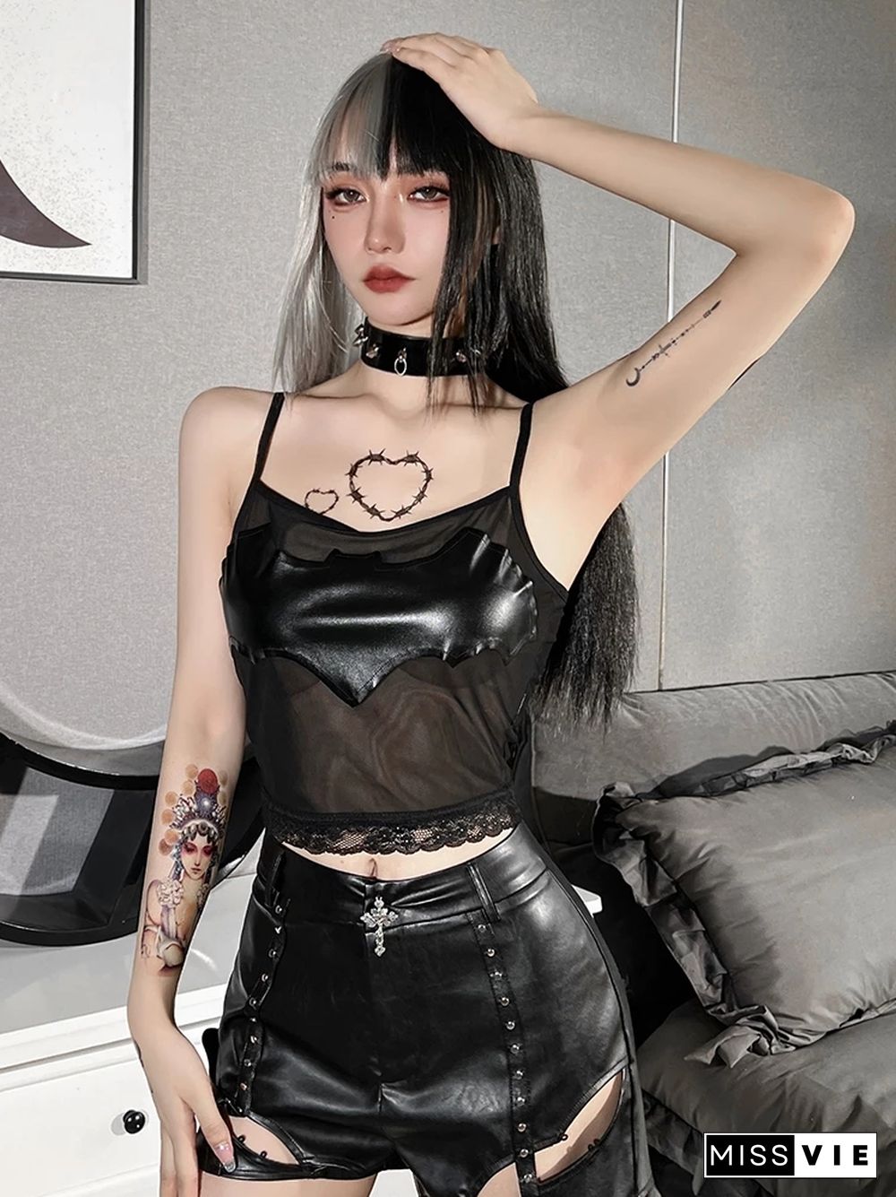 Yangelo Emo Gothic Black Camis See Through Sexy Crop Tops Bat Pattern Graphic Tees Patchwork Women Cyber Y2K Camisole Night Club