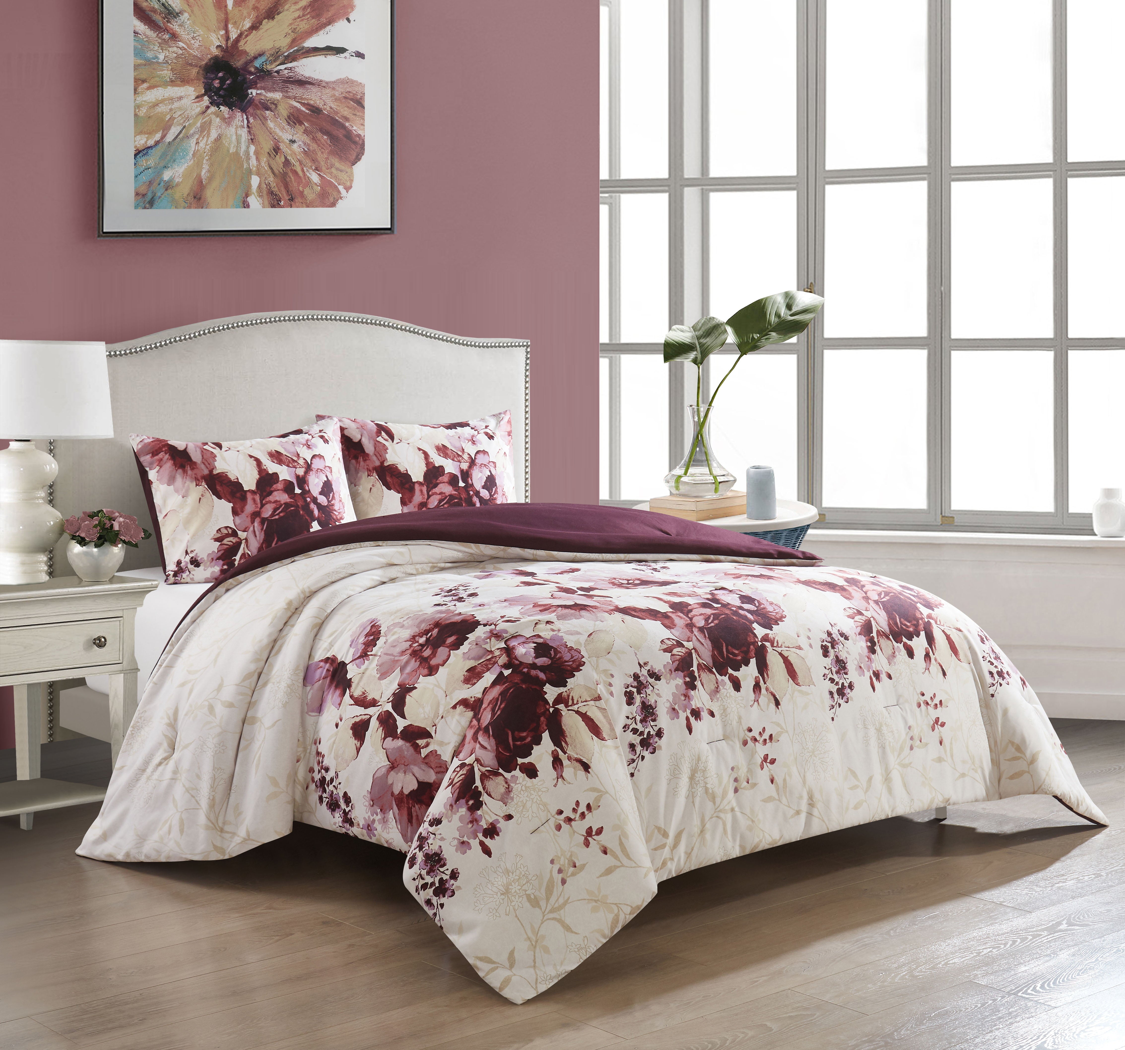 Lanco Avril Floral 3-Piece Reversible Comforter Set， King， White Wine Burgundy， Beautiful Floral Printing， 100% Polyester Fill