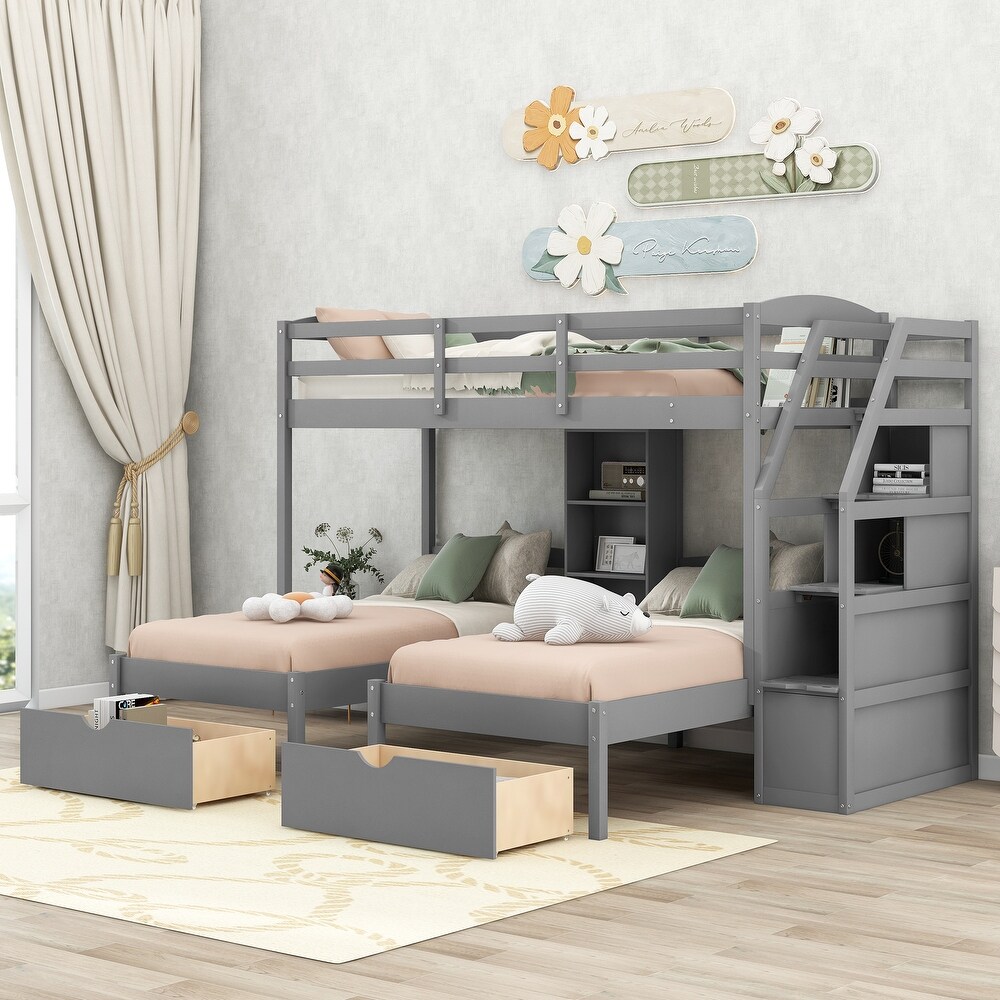 Twin Over Twin Twin Bunk Bed  Triple Bunk Bed w/Drawers  Staircase with Storage  Built in Shelves  for 3 Kids Teens Adults  Grey