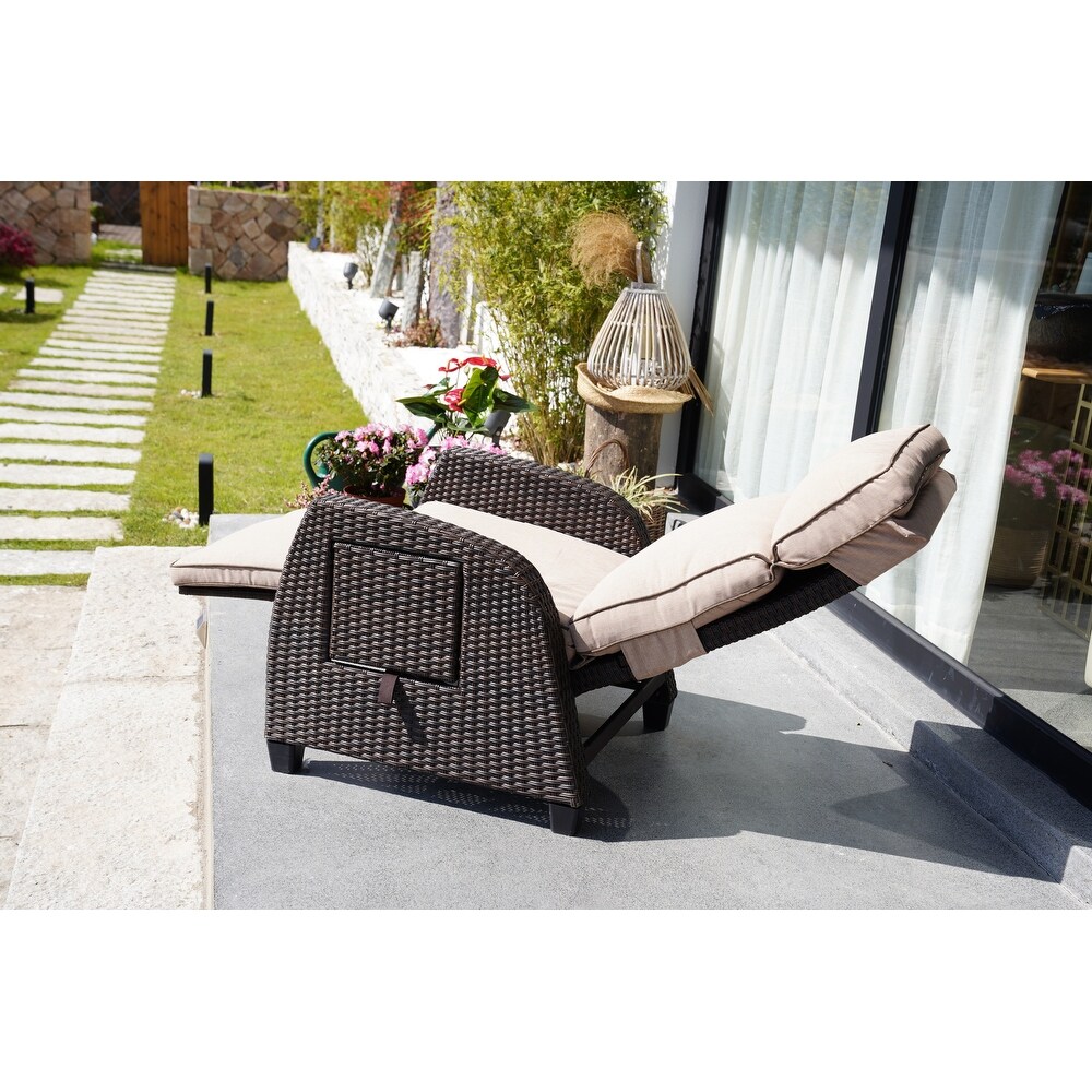 Outdoor PE Wicker Rattan Recliner Chair with Flip Table and Cushion  Flax   26.38×31.1×40.55 inch