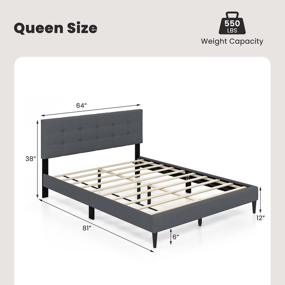 Queen Upholstered Platform Bed Mattress Foundation Headboard Blue/Grey