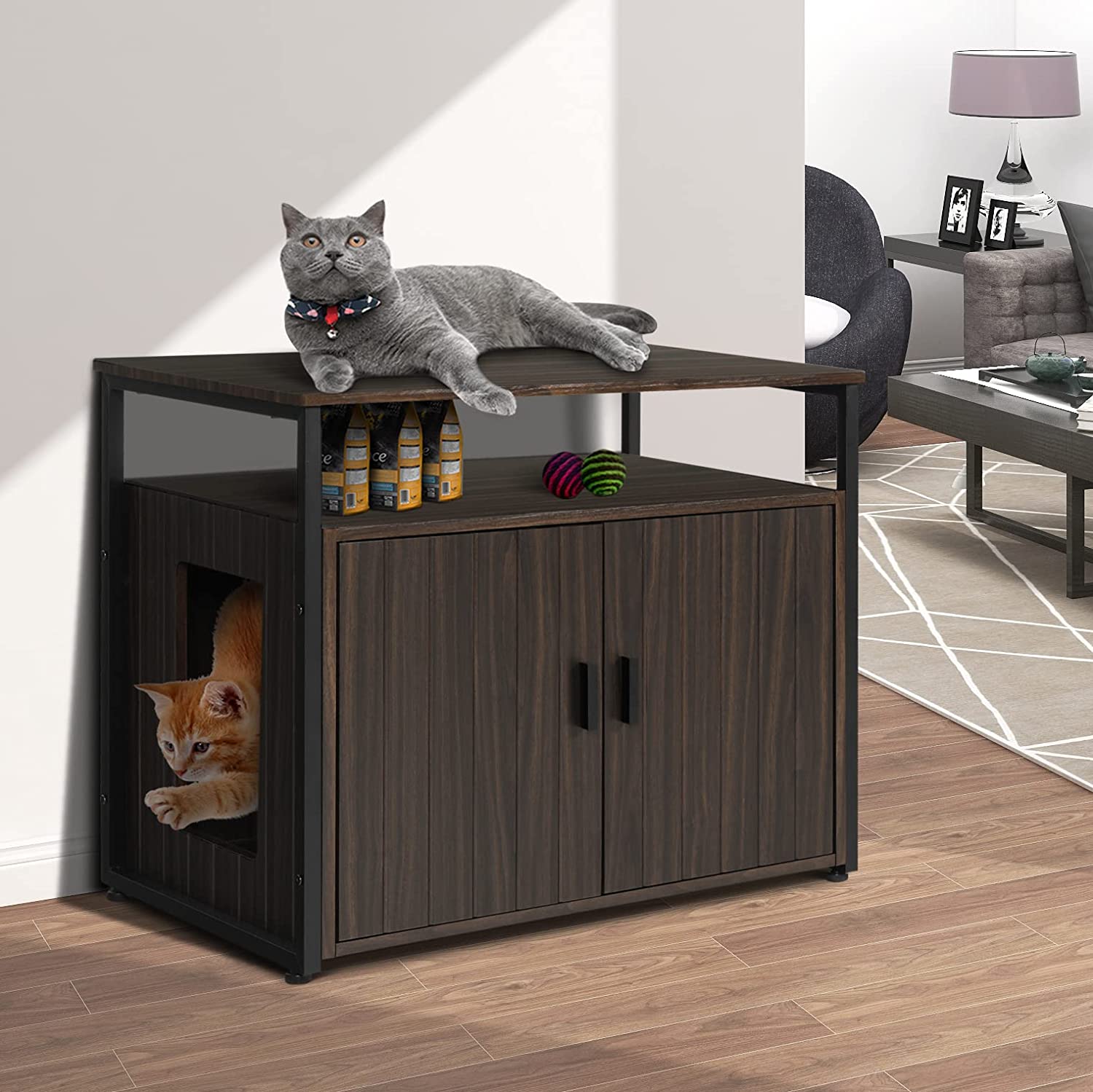 YIGOBUY Wooden Cat Litter Box Enclosure Pet Crate with Iron and Wood Sturdy Structure Nightstand