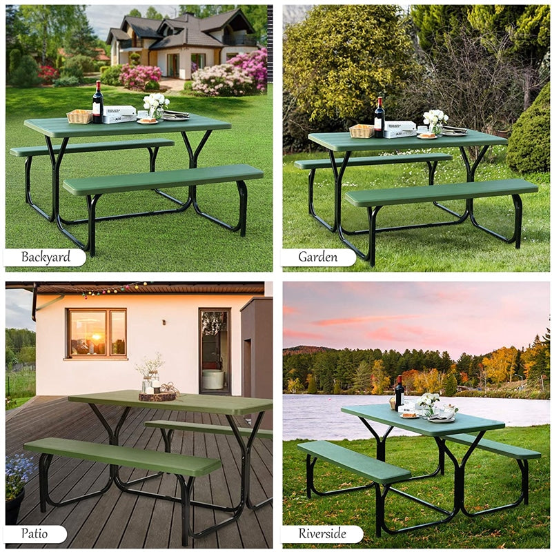 Outdoor Picnic Table Bench Set, All-Weather Dining Table Set, Metal Base Wood-Like Texture, Large Camping Table for Lawn Garden Backyard