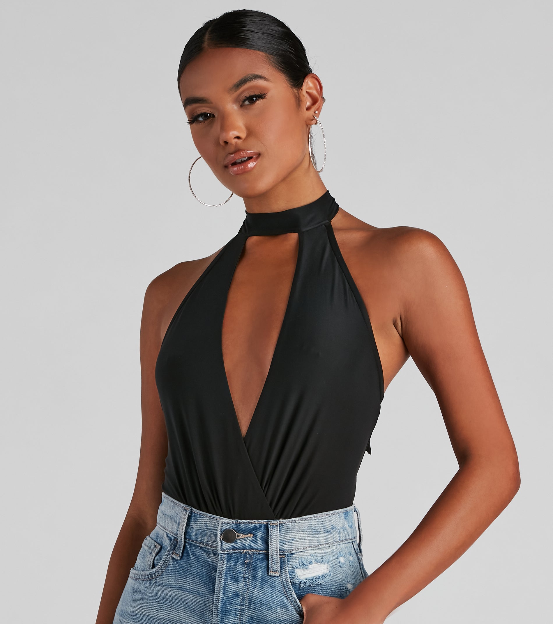 Sultry Plunge V-Neck Halter Bodysuit