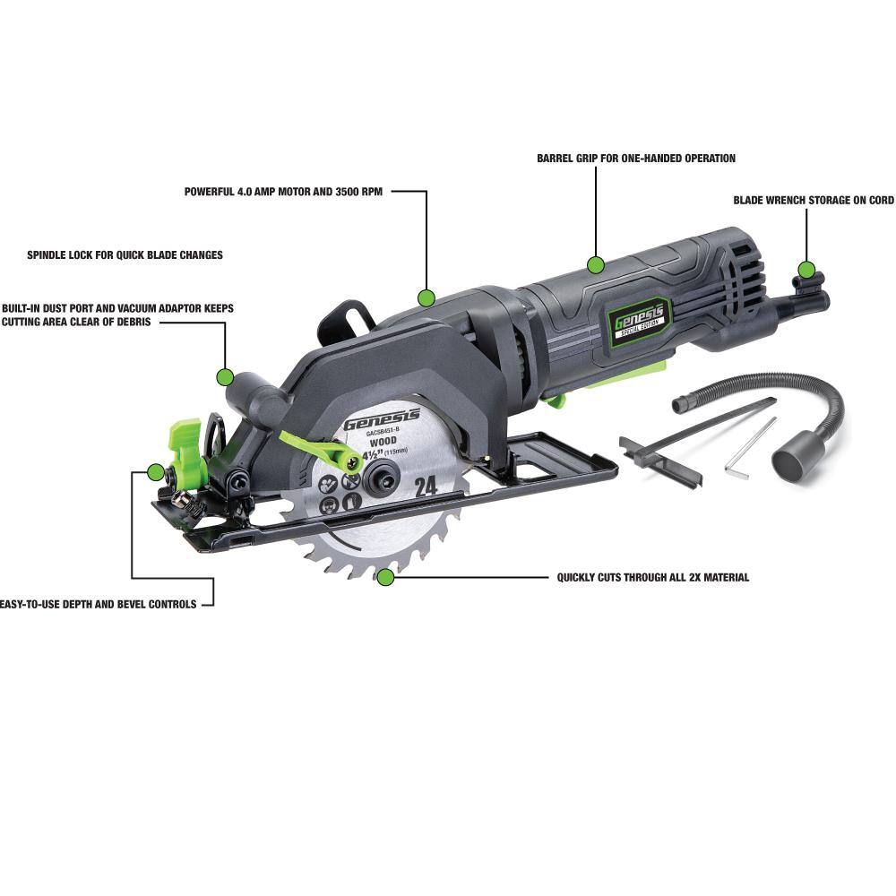 Genesis 4.0 Amp 4-12 in. Compact Circular Saw with 24T Blade Rip Guide Vacuum Adapter and Blade Wrench GCS445SE