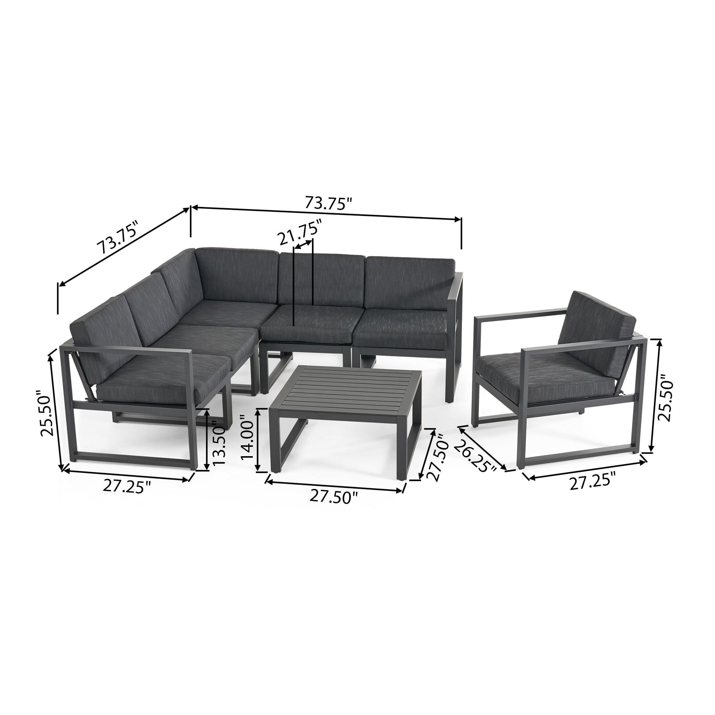 Dolan Outdoor Aluminum 6 Seater Sofa Set, Black and Dark Gray