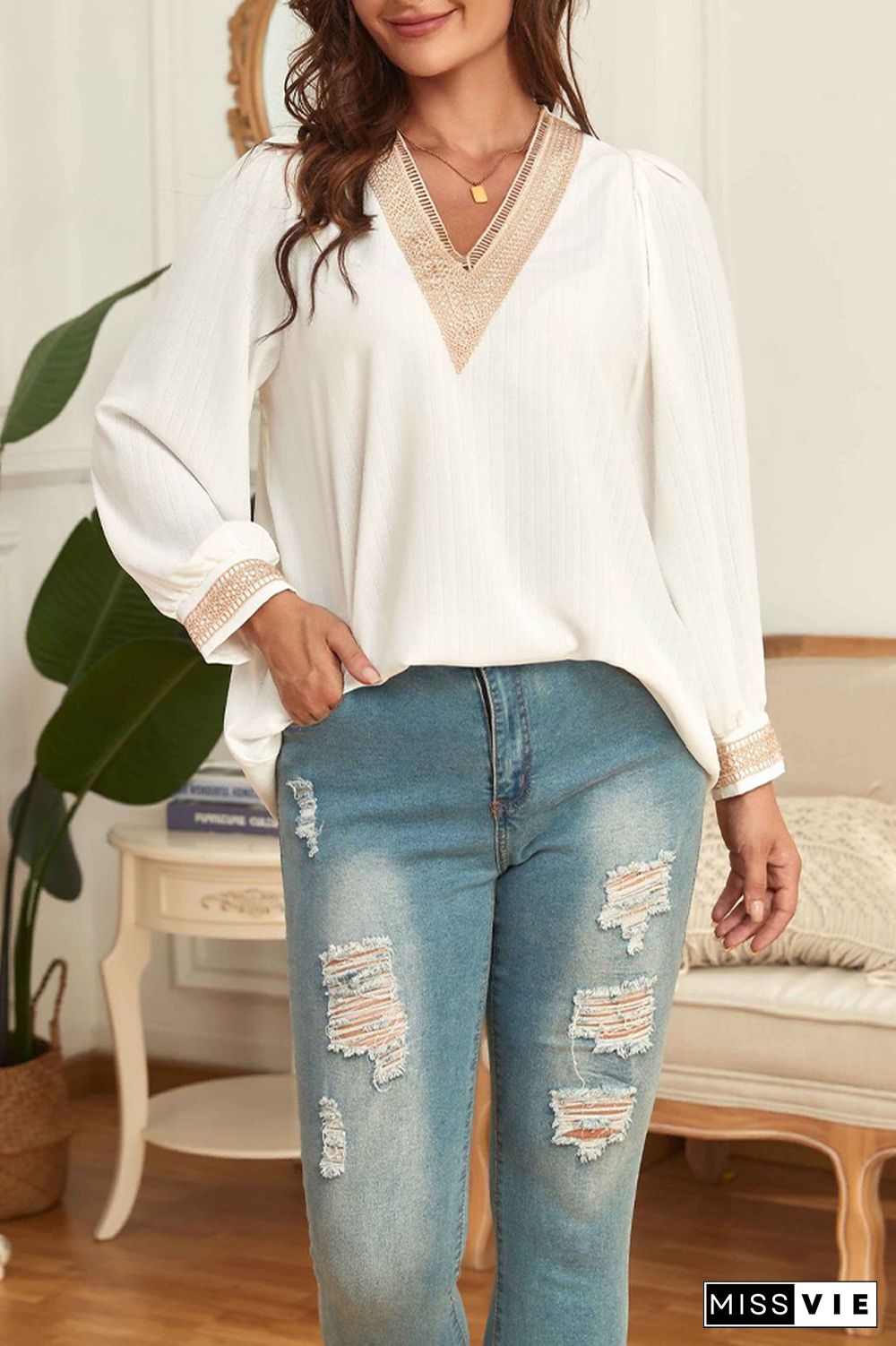 Plus Size White Texture V Neck Blouse