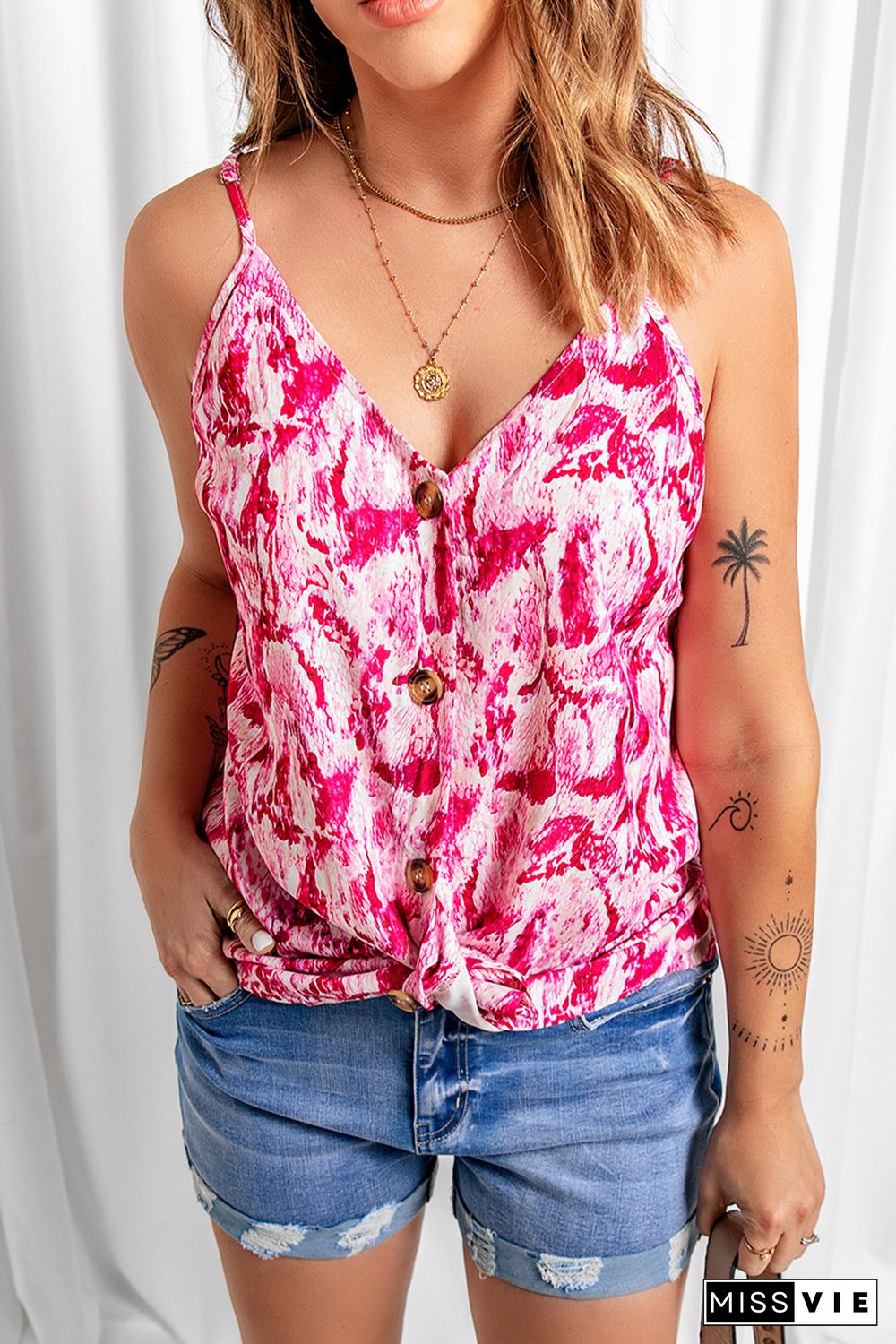 Pink Abstract Print Buttoned Tank Top