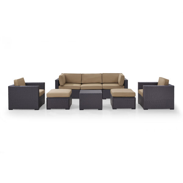 Biscayne 7 Person Outdoor Wicker Seating Set in Mocha - One Loveseat， Two Arm Chairs， One Corner Chair， One Coffee Table， Two Ottomans